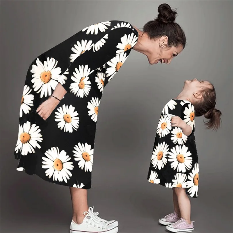 Beach Dresses Mommy Daughter Women Long Sleeve Dress SunFlower SunDress Lady Family Matching Clothes Dropshipping #F#40AT1310