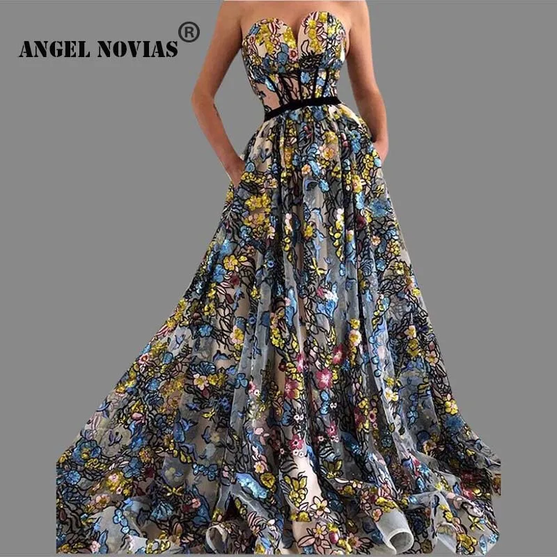 

Angel Novias Long Custom Made Embroidery Lace Plus Size Luxury Arabic Abendkleider Evening Dress 2019 Robe Soiree Grande Taille