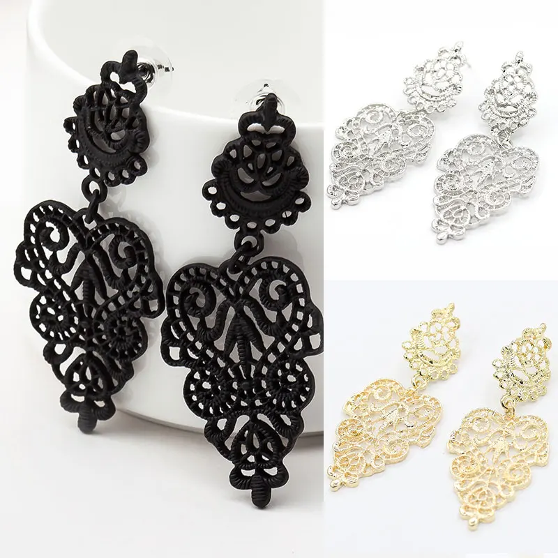 

2019 Black Golden Bohemia Leaf Alloy Hollow Out Hanging Dangle Earring Silver Girls 1Pair Drop Earrings Fashion Jewelry