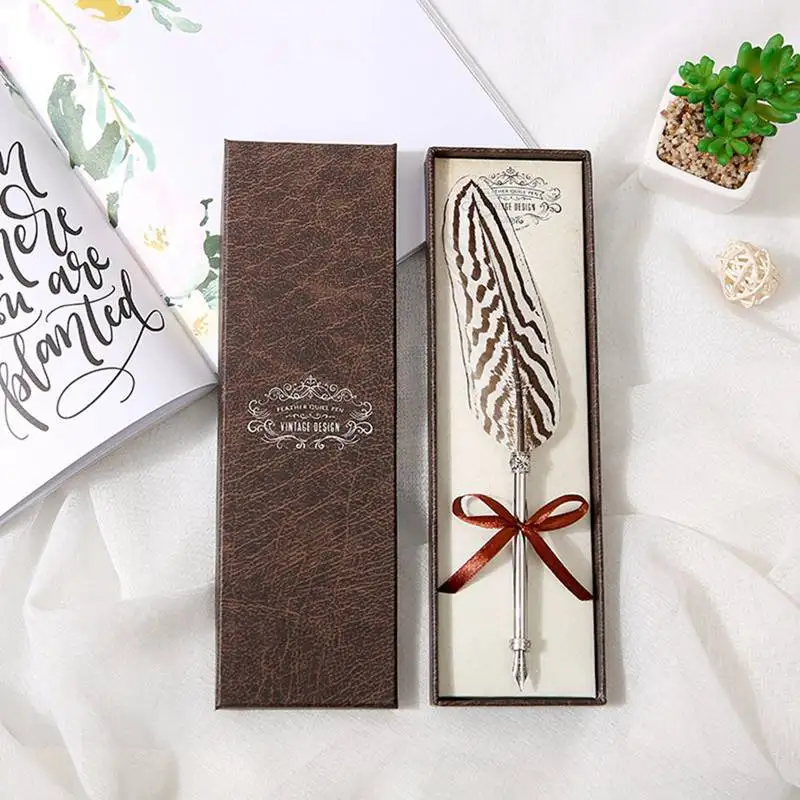 Creative Craft Vintage Feather Pen Vintage Engraved Metal Feather Pen Signature Gift European Feather Pen Memorial Set