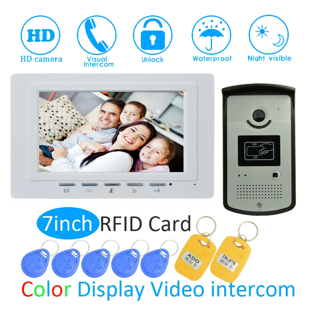 (1 SET) Security Door intercom System For House 7 inch surface Monitor Wire type Video Door Phone Night Version Doorbell RFID