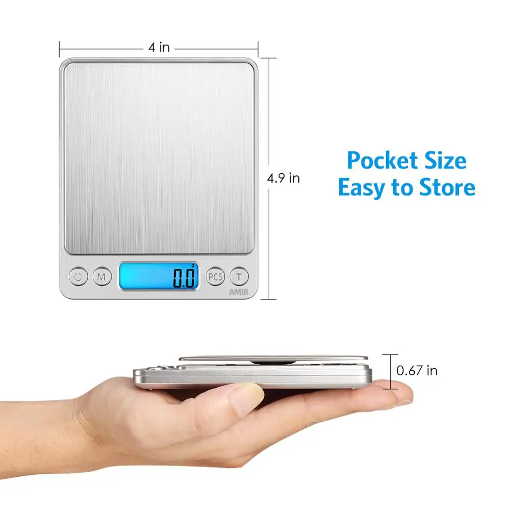 AMIR - Báscula digital de cocina, 17.64 oz, báscula de bolsillo para joyas,  báscula de cocina con pantalla LCD retroiluminada, 2 bandejas, 6 unidades