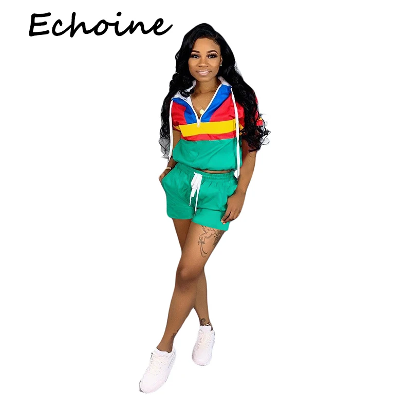 

Echoine Tracksuit Women Color Patchwork Hooded Two Piece Set Top And Pants Sportwear Short Sets Summer Outfits For Women
