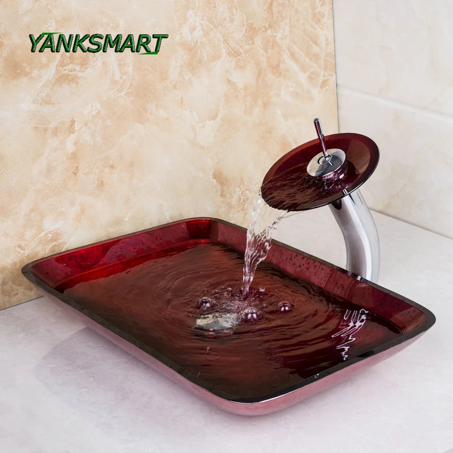 YANKSMART RED Bathroom Sink Washbasin Tempered Glass Hand Painted Waterfall Lavatory Bath ...