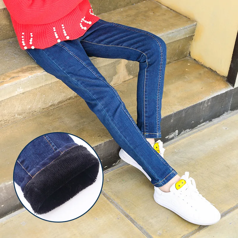 

Girls Autumn and Winter Jeans Children Slim Denim Cashmere Pants Thick Warm Trousers