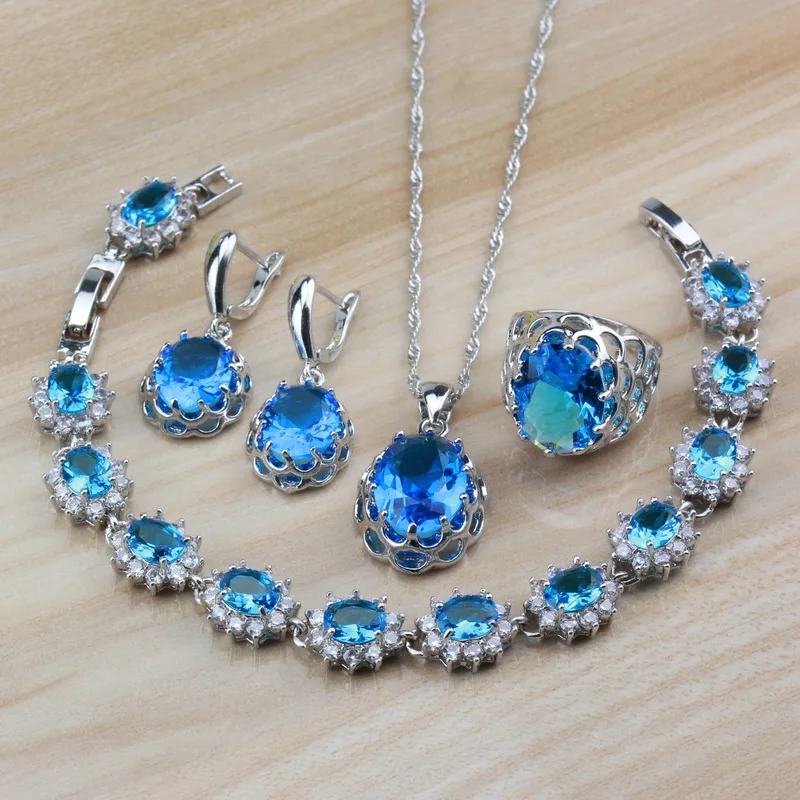 

Sky Blue Cubic Zirconia 925 Silver Jewelry Sets For Women Costume Gift Dangle Earrings/Necklace/Bracelet And Ring Sets