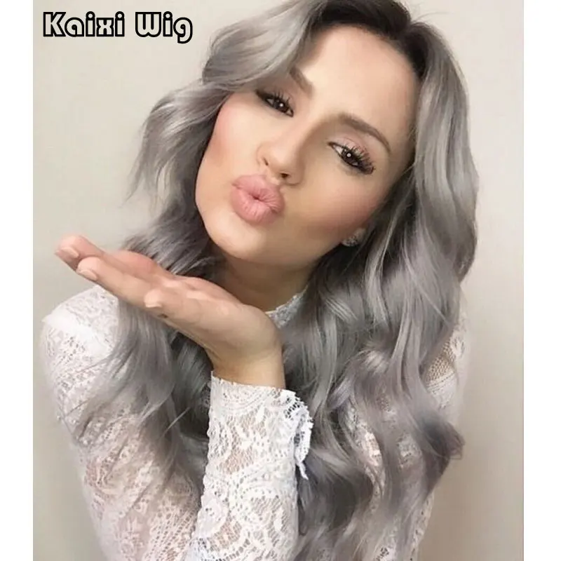 26'' Long Ombre Grey Wigs Natural Cheap Hair Wig Grey Synthetic Wigs For Black/White Women Long Grey Wig Women Female Hairstyle