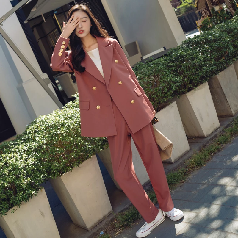 

Women's suits Spring and autumn new double-breasted bean red/sky blue suit OL England suit jacket trousers two-piece suit JQ50