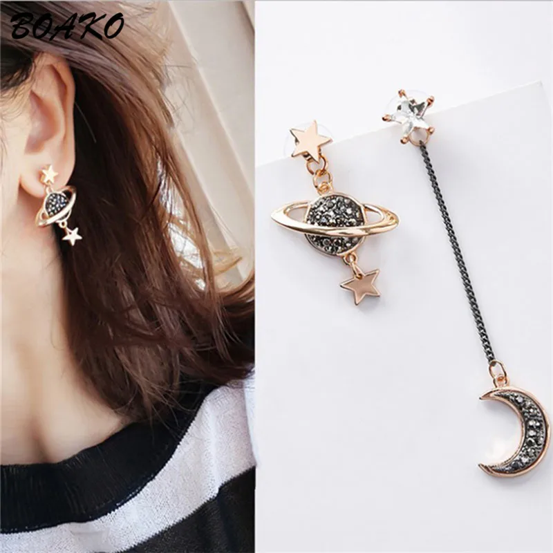 

BOAKO Star Moon Earrings Asymmetrical Rhinestone Stud Earring For Women Girls Korean Jewelry Personality Long Earring Pendientes