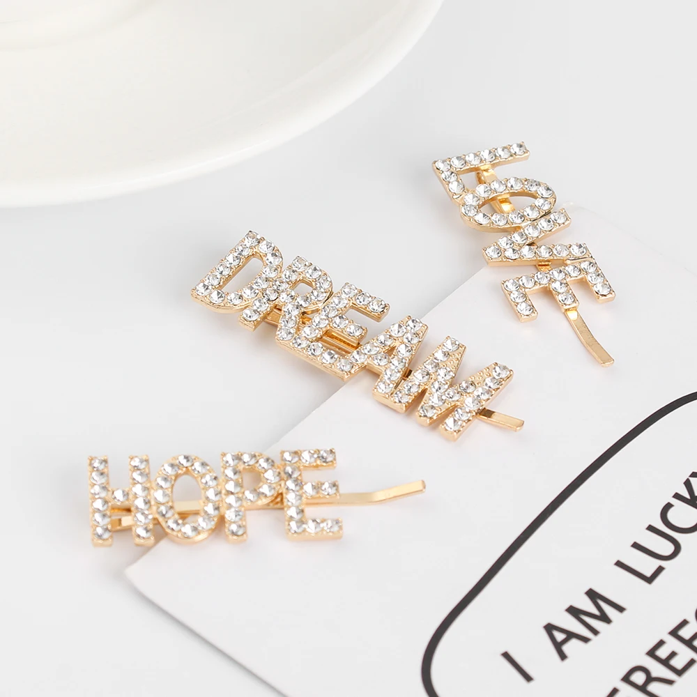 

3Pcs/set Pretty LOVE HOPE DREAM Crystal Hair Clips Metal Barrettes Wedding Rhinestone Headwear Pins Hair Styling Accessories