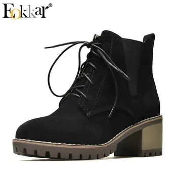 

Eokkar 2019 Wome Ankle Boots Winter Boots Square Heel Round Toe Women Shoes Pu Leather Platform Black Women Boots Size 34-43