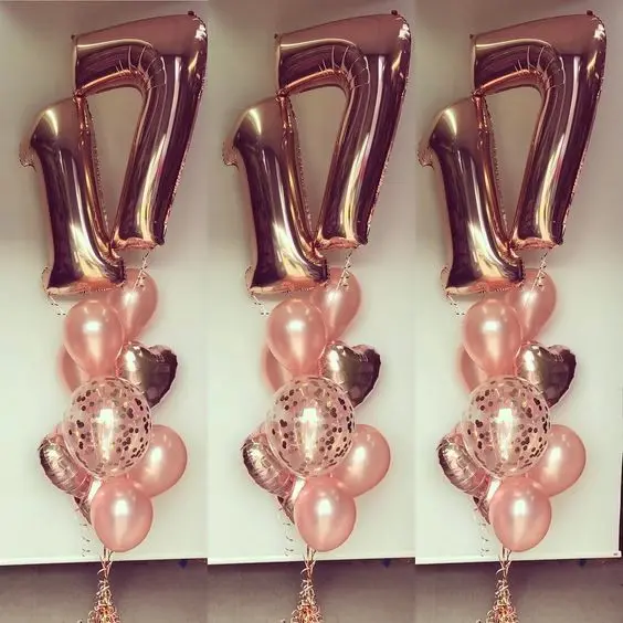 10 шт. 32 дюйма металлические розовые золотые воздушные шары из фольги в виде цифр Роза конфетти латексные шары 17 лет День Рождения Декор globos