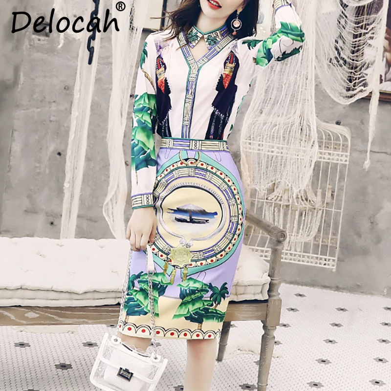 Delocah Herfst Vrouwen Set Runway Fashion Designer Lange Mouw Karakter Gedrukt Top + Slanke Vissenstaart Rok Twee Stukken Set Delocah Herfst Vrouwen Set Runway Fashion Designer Lange Mouw Karakter Gedrukt Top + Slanke Vissenstaart Rok Twee Stukken Set