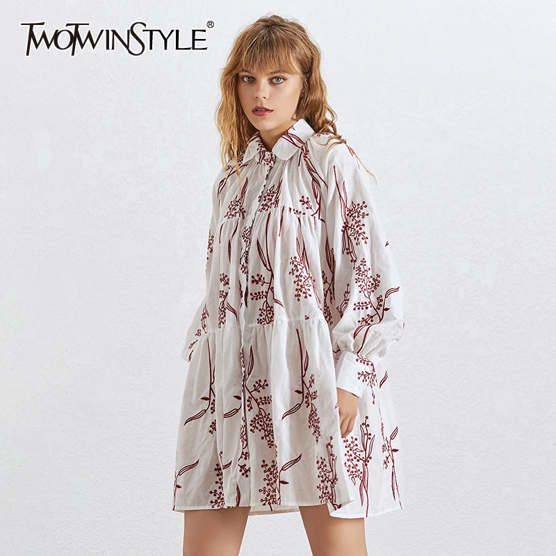 

TWOTWINSTYLE Flower Embroidery Dress For Women Lapel Collar Lantern Sleeve High Waist Dresses Female 2019 Fashion Summer
