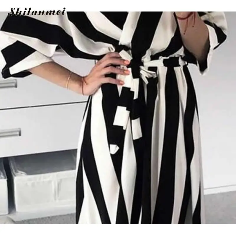 Black White Striped Dress Women Autumn Office Lady Work Dress Elegant Deep V-Neck A-Line Long Party Dress Vestido De Fiesta