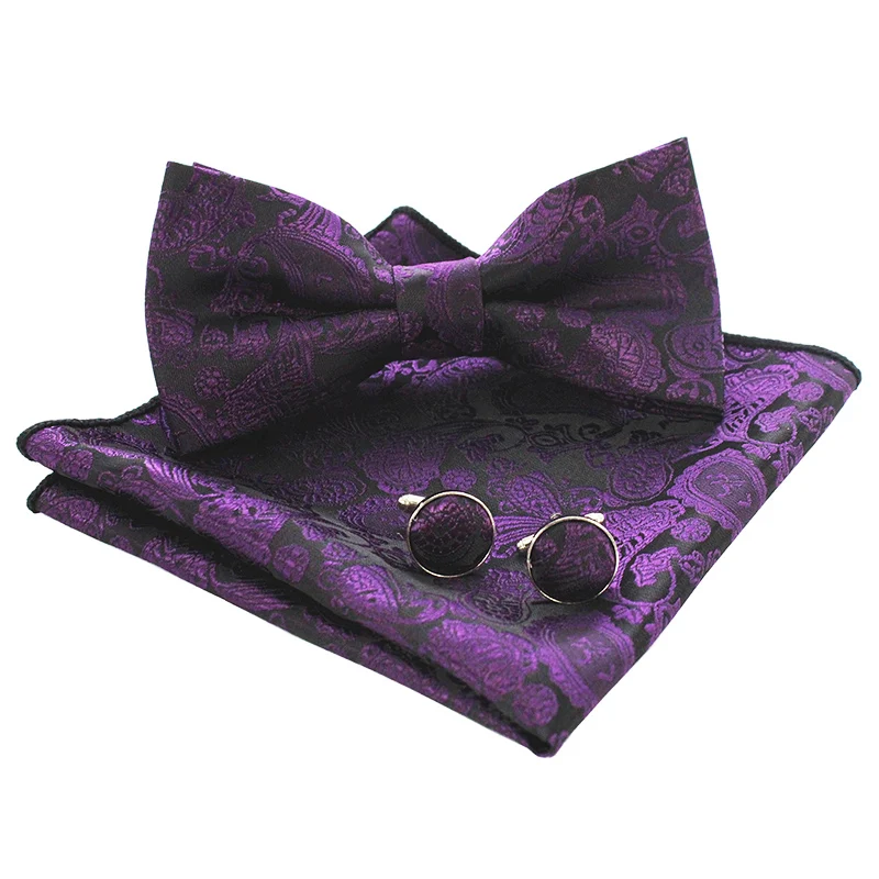 JEMYGINS Классический Пейсли мужской галстук-бабочка набор сплошной цвет два слоя предварительно завязанные бантики и карманные Квадратные Запонки Бизнес Свадебный галстук - Цвет: 6