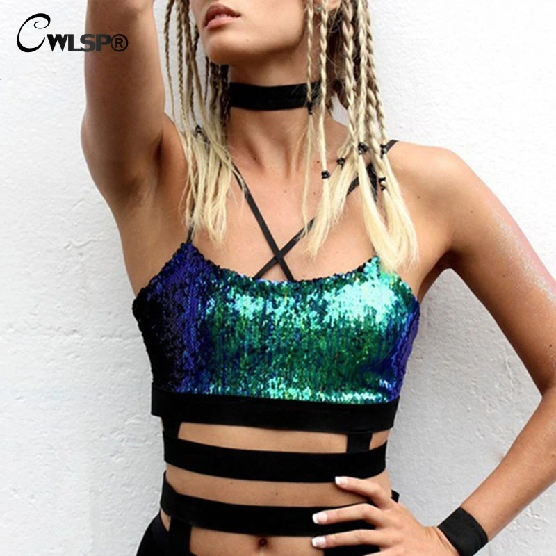 

CWLSP 2018 Summer Sexy Sequins Halter Tank Top Women Chain Backless Crop Tops Punk Rock Topic Cropped Lace Up Femme Top QA2622