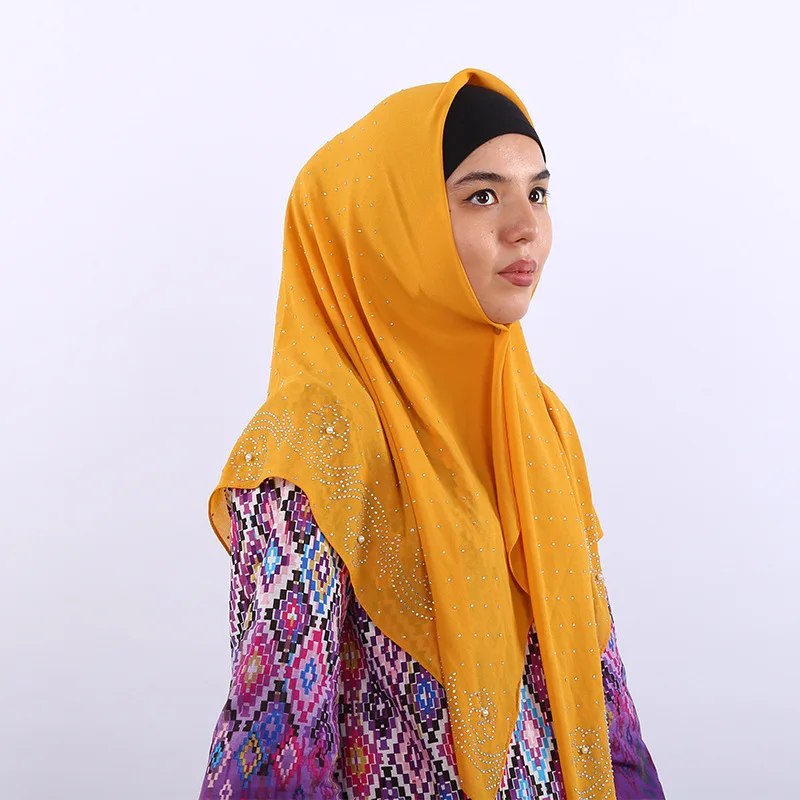 Лето квадратный шарф турецкий мусульманский хиджаб Жемчуг шифон исламский головной убор Для женщин однотонная шаль с Красочные Стразы 105x105 см