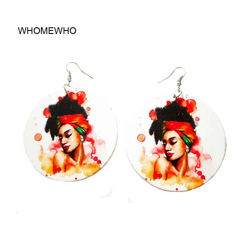 

60cm Wood Round Africa Exotic Beautiful Painting Lady Tribal Earrings Fashion DIY Wooden Ethnic Accessory African Jewelry Gifts