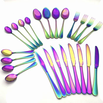 

Mirror Polished Stainless Steel Rainbow Cutlery Full Set Coffee Soup Scoop Dinner Knife Steak Knife Fork Tableware Set 24pcs/Set
