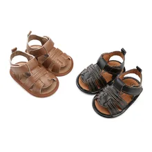 Летние сандалии для новорожденных мальчиков; однотонные дышащие из искусственной кожи; сабо для малышей с застежкой-липучкой; мягкая подошва;