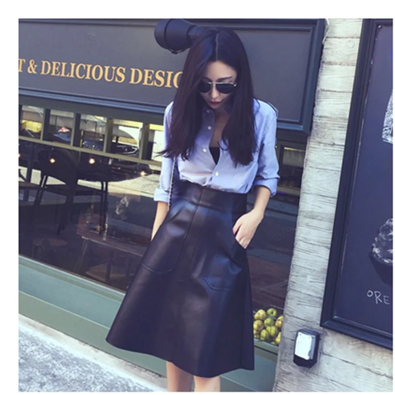 

2019 spring and autumn new women's wild high waist a word package hip pu leather zipper half length long skirt
