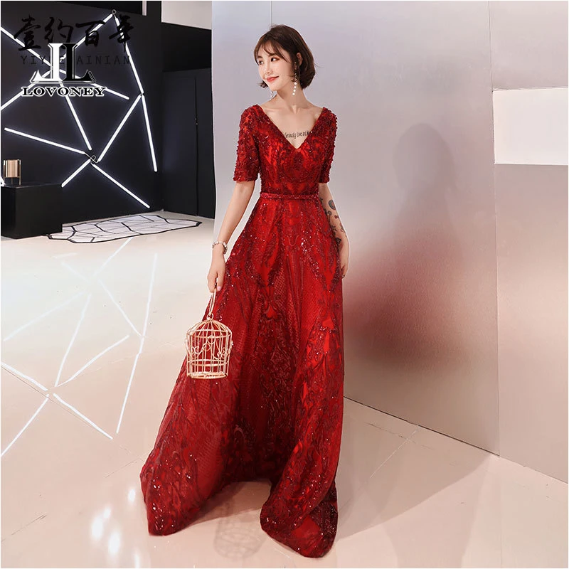 LOVONEY Elegant V Neck Sequins Evening Dress Long Open Back Half Sleeves Formal Party Dresses Evening Gown Robe De Soiree XYG821 LOVONEY Elegant V Neck Sequins Evening Dress Long Open Back Half Sleeves Formal Party Dresses Evening Gown Robe De Soiree XYG821