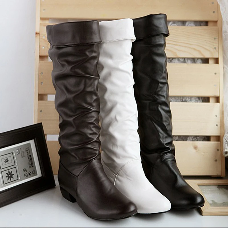 ANMAIRON/модные женские сапоги до середины икры со складками; сезон осень-зима полусапожки на плоской подошве на низком каблуке; цвет черный, белый, коричневый женская зимняя обувь