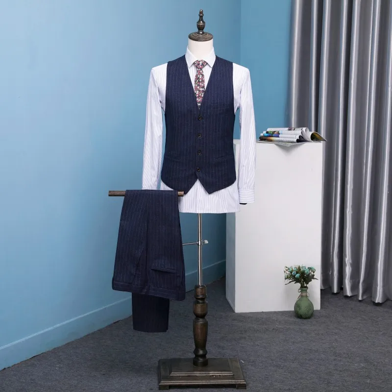 (Jacket+Vest+Pants) Men Slim Fit Suits Stripe Single Breasted Mens Wedding Suits With Pants Classic Business Mens Formal Wear