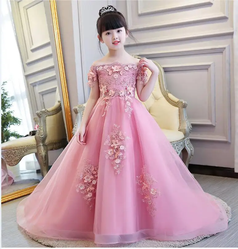 

Glizt Bead Appliques Flower Girl Wedding Dresses Long Trailing Girl Party Princess Birthday Dress First Communion Gown For Kid