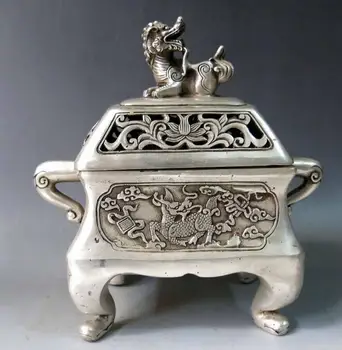 

8" China silver carved fine Foo Dogs Lion Unicorn Incense burner censer Statue