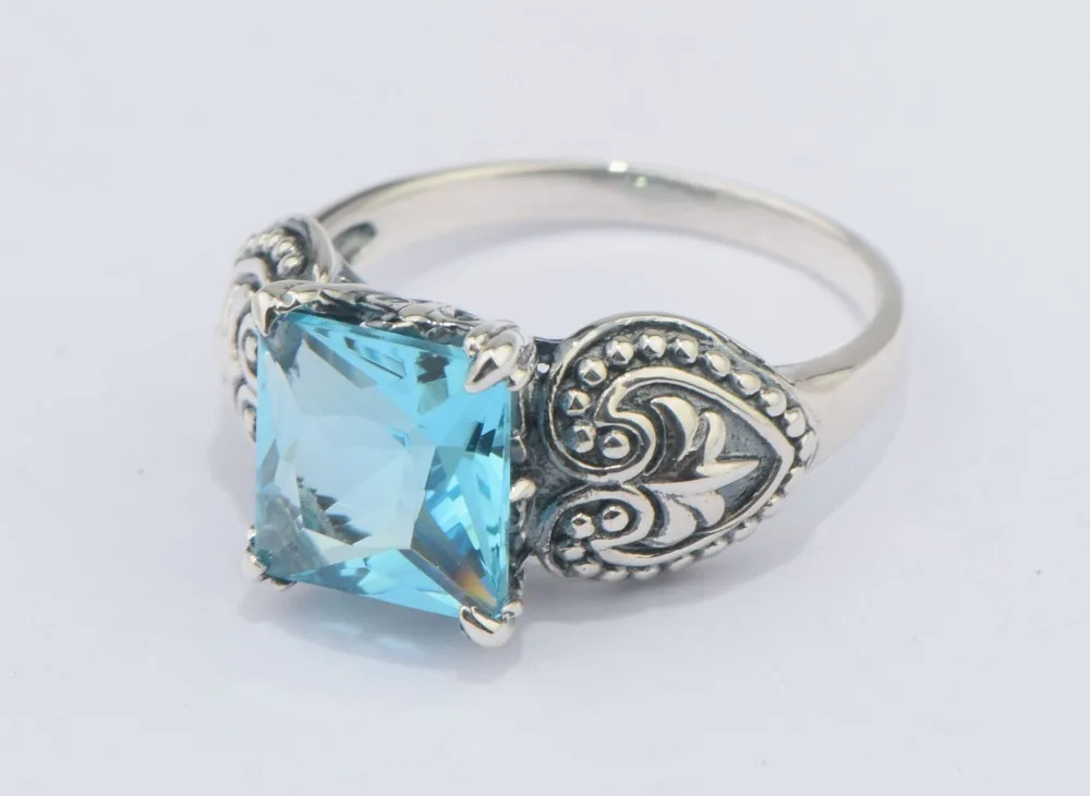 Szjinao Gleaming elegant blue stone crystal 925 sterling silver series engraving heart-shaped silver ring wedding jewelry