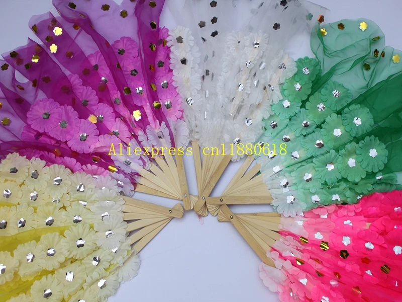 

10pcs/lot Fast Shipping Wedding Party favors gift Double faced 70 flower fan Bamboo bone Crystal yarn fabric Dance Fans