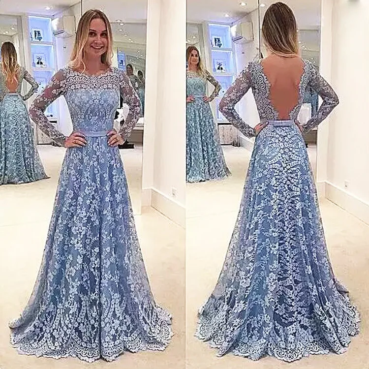 

Lace Backless O Neck Formal Dress Women Elegant Long Sleeve A-Line Vintage Party Maxi Dresses Printing Hollow Out Club Vestido