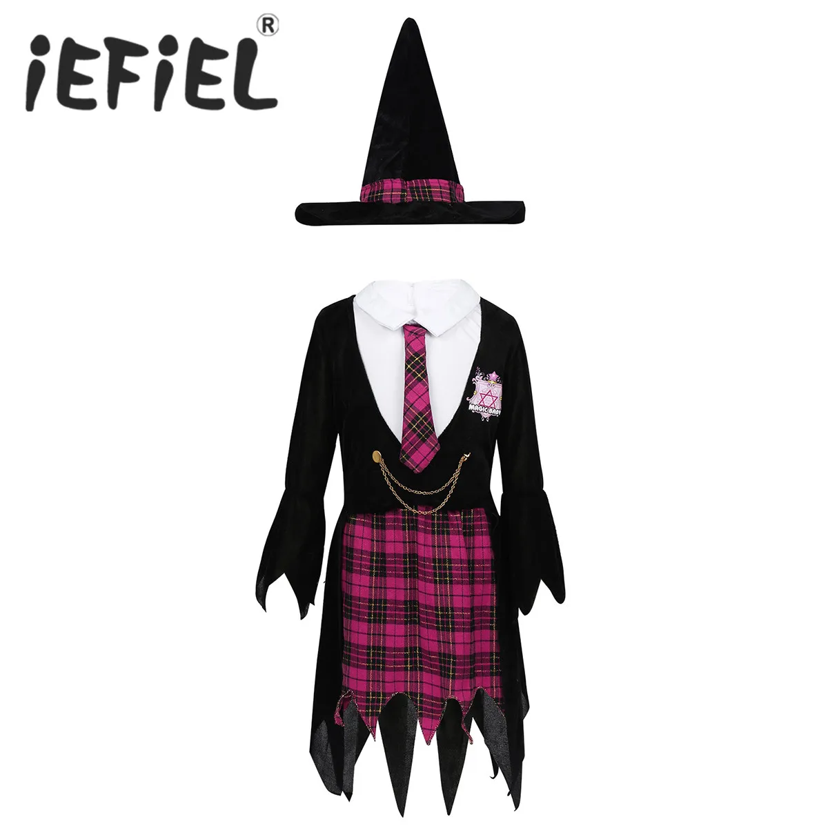 

Kids Girls Cosplay Halloween Witch Costume Outfit Sleeveless Plaid Dress with Coat Hat Performance Clothing Set Dress Up Party