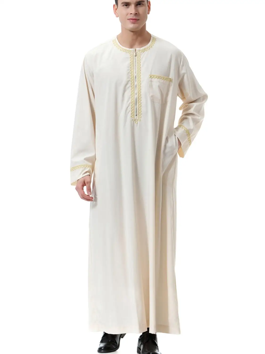 

Arabic Ethnic Embroidery Mens Thobe Zipper Collar Muslim Kaftan Saudi Solid Abaya