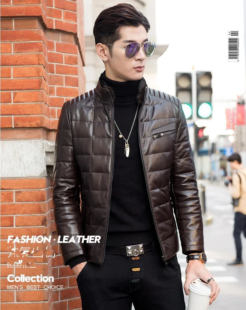 90% White duck down Men Genuine Leather Winter Coat Mink