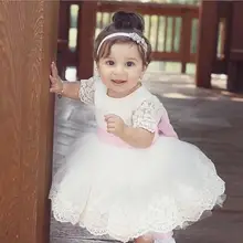 Платье До Колена с короткими рукавами белого цвета и цвета слоновой кости, украшенное жемчужинами, с цветочным узором, для девочек, с розовым бантом, с поясом-пачкой, наряд для дня рождения, для свадьбы и вечерние