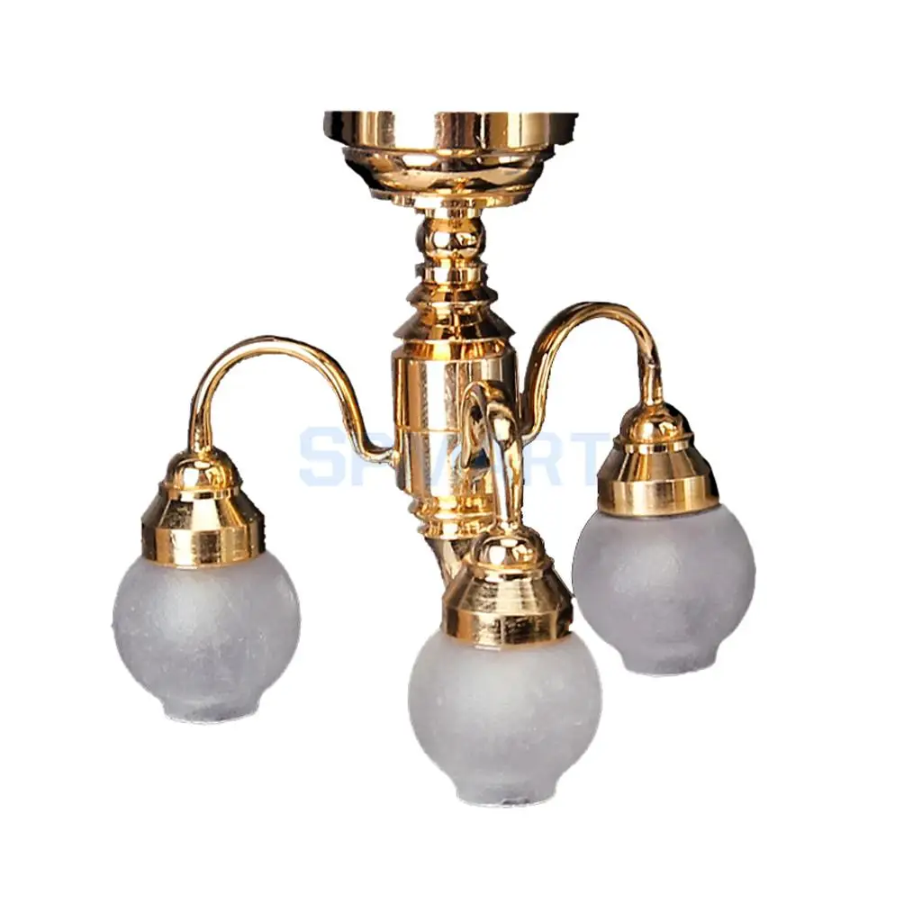 

1/12 Dollhouse Miniature Furniture Tulip Shaped Chandelier 3 Arm Lamp LED Glass Shade Ceiling Light Lamp Dolls House Accessories
