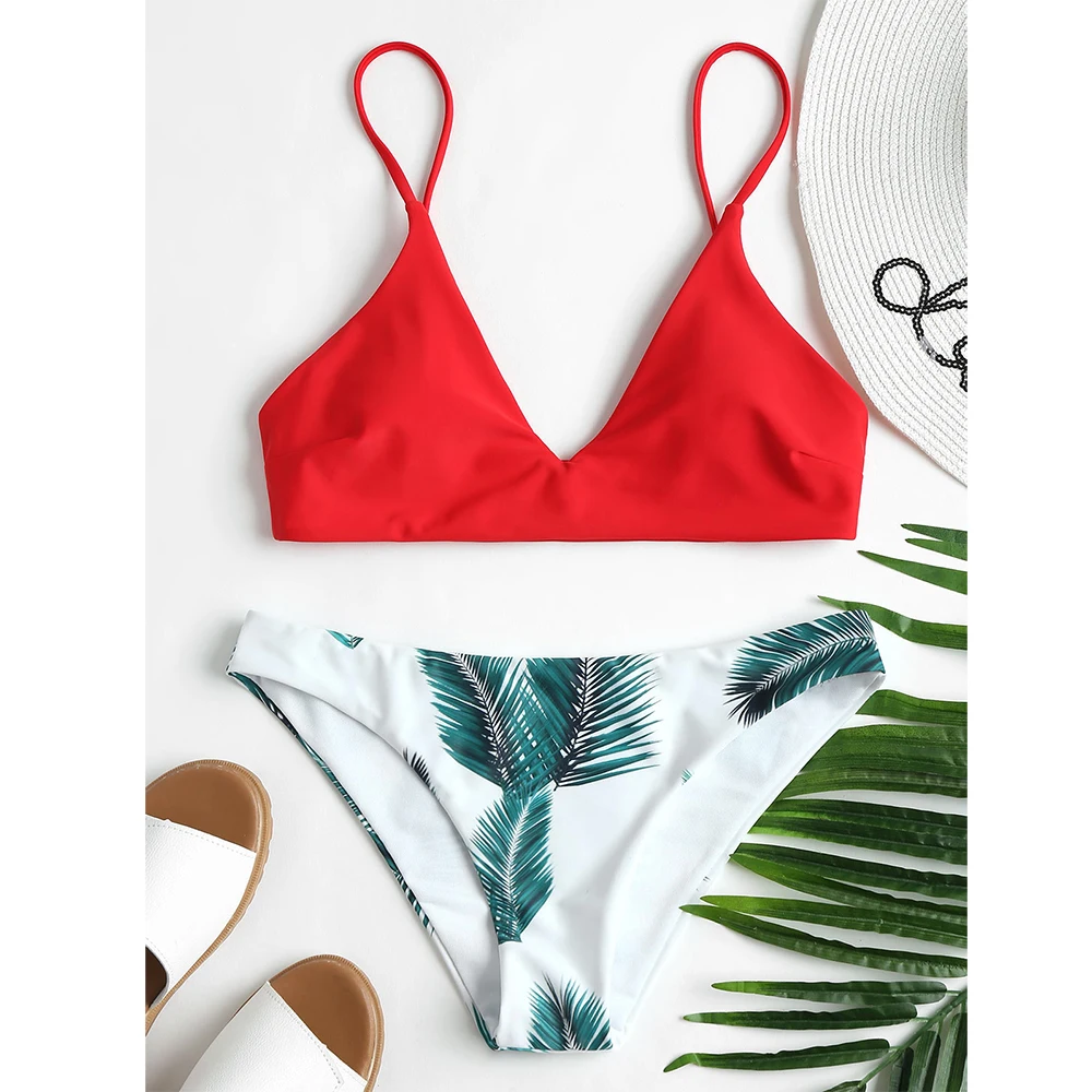 

ZAFUL 2019 Padded Bra and Leaf Print Bottoms Bikini Set Mid Waist Swimwear Swimsuit Summer Beachwear Biquini