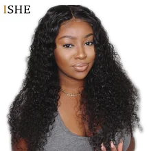 13x6 глубокий часть Синтетические волосы на кружеве человеческих волос Парики Deep Вьющиеся парики Glueless Волосы remy предварительно выщипать Кудри парики Полный конец для женский, черный ISHE