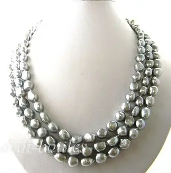 

3strands 17-19'' 9mm gray baroque freshwater pearl necklace