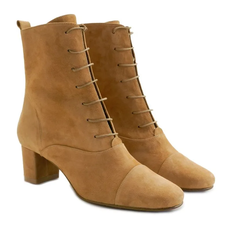 Up black Quadrata Mujer Botas Vera Heel Pelle Chelsea Caviglia Boots Leather In black High Stivali Stivaletti Di Alla Suede Delle Punta Chunky Nude Modo Suede Lace Donne Leather brown 7gOdv6dnw