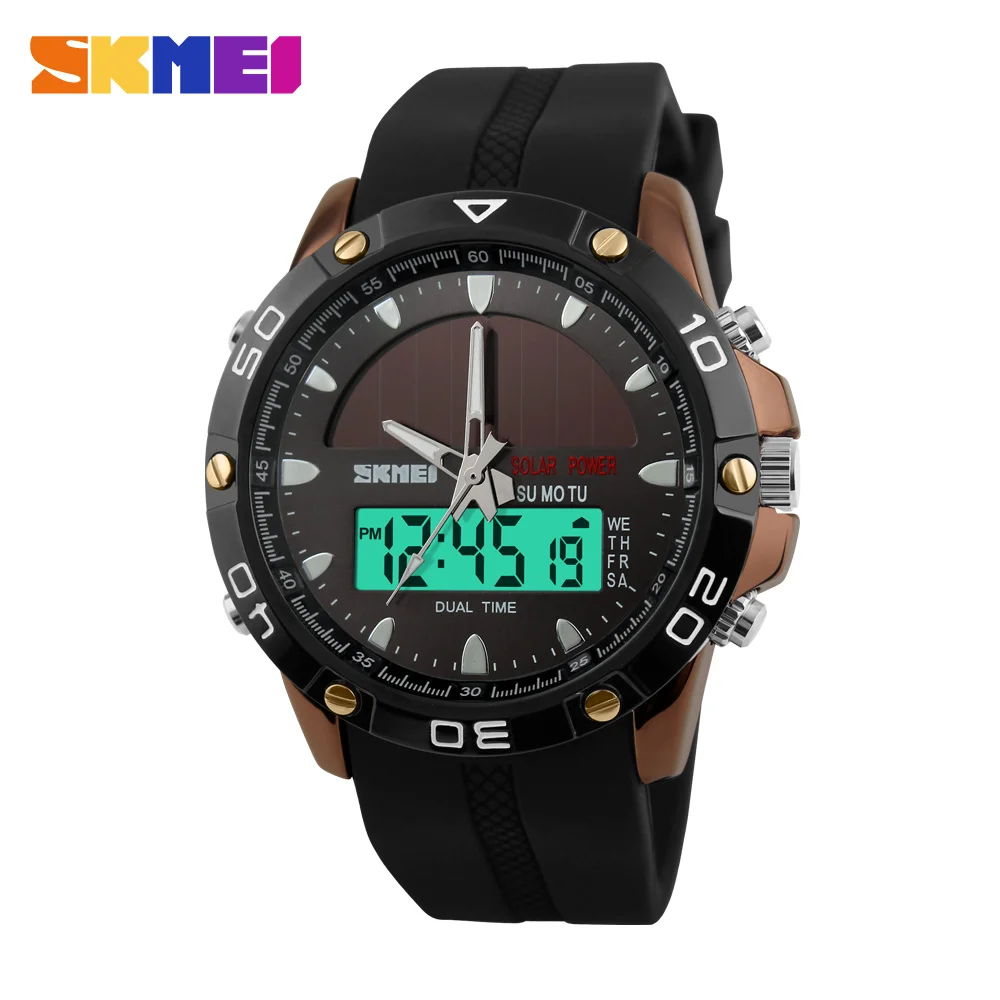 

SKMEI Solar Power Sport Watch Men Double Time LED Digital Display Quartz Watch Waterproof Military Wristwatch PU Strap 1064