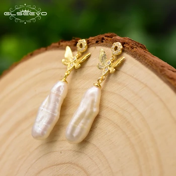 

GLSEEVO 925 Sterling Silver Natural Baroque Long Pearl Butterfly Earrings For Women Dangle Earrings Jewelry Pave Zircon GE0669