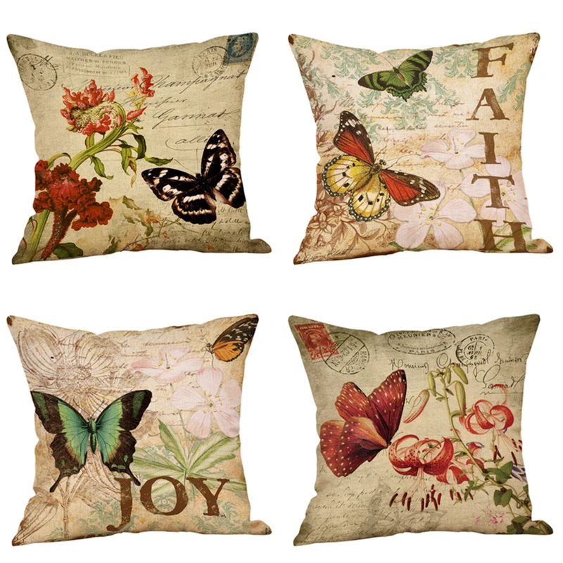 

2019 New Nordic Retro Butterfly Style Cushion Cover Linen Cotton Pillow Case Home Decorative Pillows Cover For Sofa Car Cojines