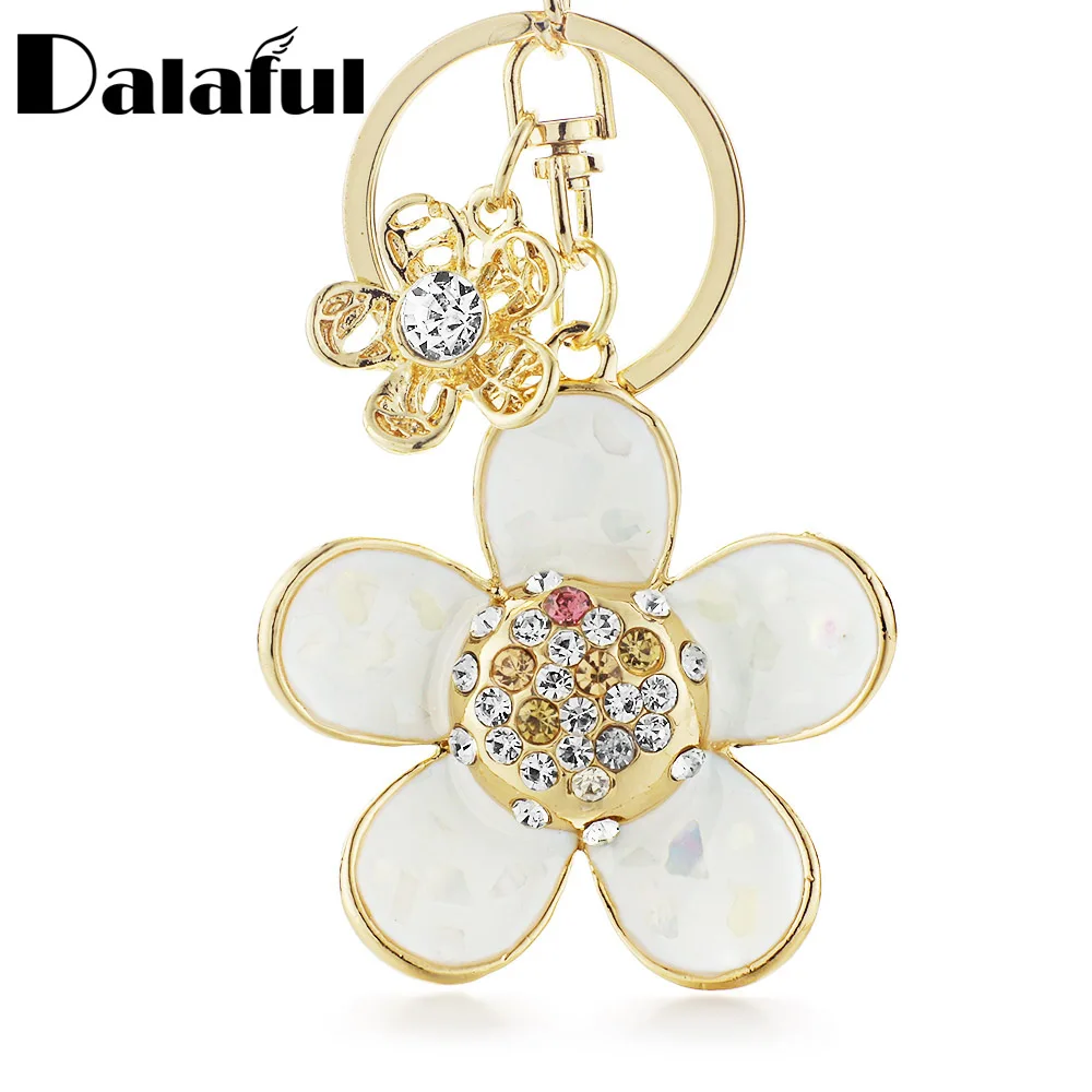 

Dalaful Novelty Shell Petals Daisy Double Flower Floral Crystal Rhinestone Keyrings Key Chains Holder Women Keychains K245