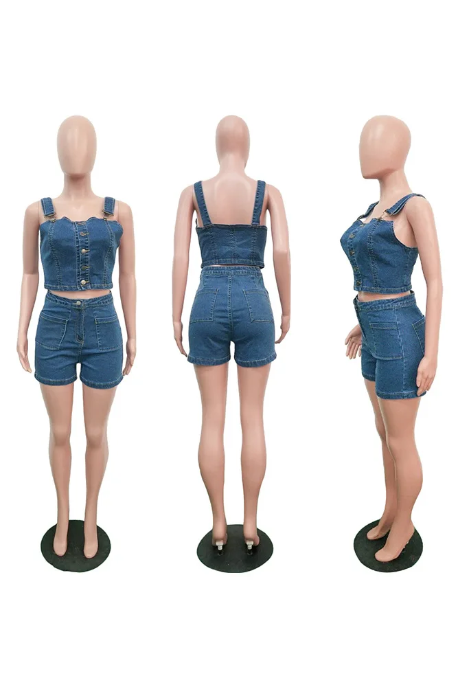 Женские новые летние джинсы спортивный костюм из денима на каждый день на пуговицах Высокая короткий костюм с шортами комплект из 2 элементов одежды комбинезон S3536