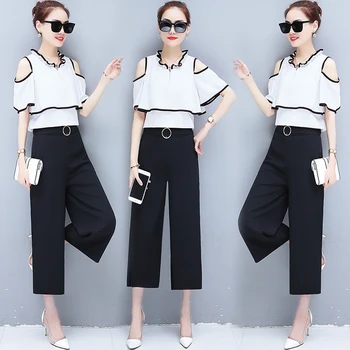 

2018 Summer girl blouse top & wide-legged pants suit chiffon outfit new Korean fashion women's clothing set two-piece vestidos