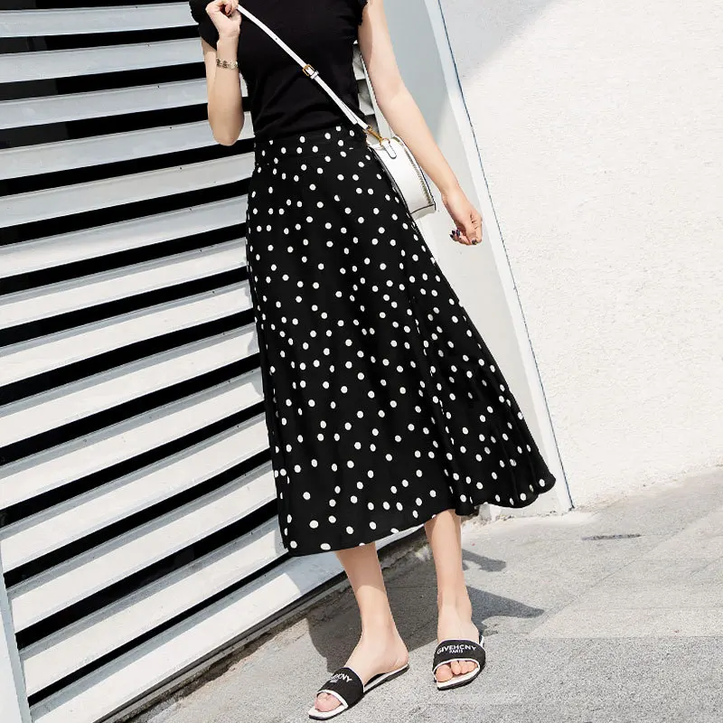 

Chiffon Maxi Skirt Ladies 2019 High Waist Summer Long Skirts Womens Jupe Femme Vintage Casual Falda Korean Style Polka Dot skirt